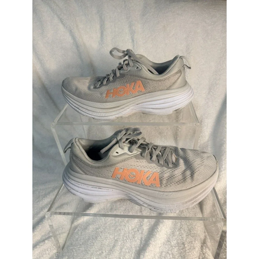 Hoka Bondi 8 Shoes M Size 8.5 Wide Gray Pink Harbor Mist Lunar Rock Running - Picture 3 of 9